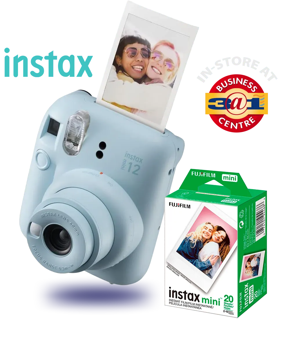 Fujifilm Instax Mini instant camera printing a photo, with a box of Instax Mini film, in store at 3@1